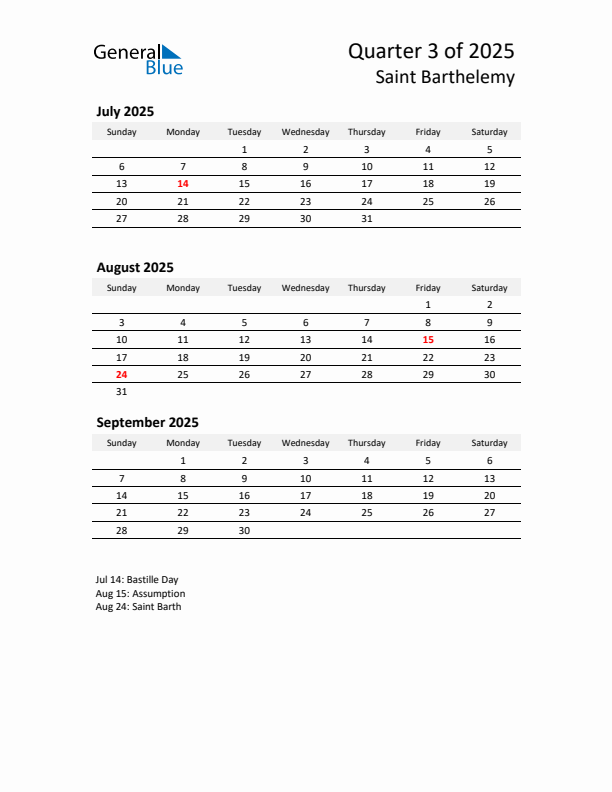 2025 Three-Month Calendar for Saint Barthelemy
