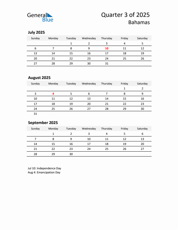 Q3 2025 Quarterly Calendar with Bahamas Holidays