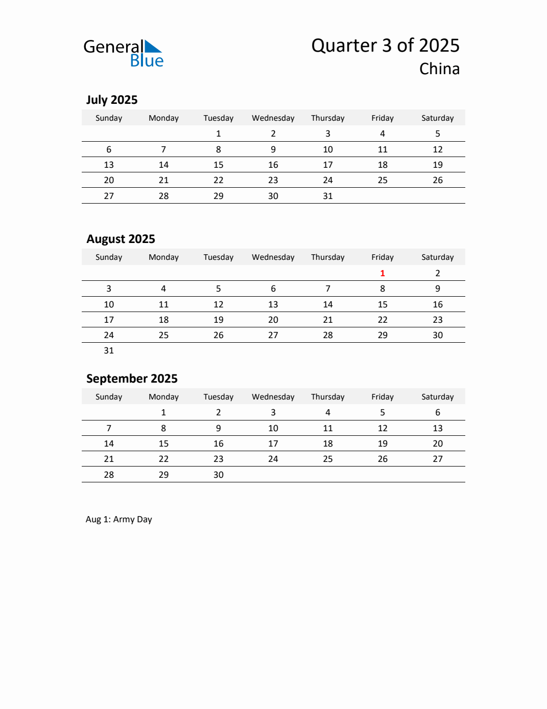 Q3 2025 Quarterly Calendar with China Holidays