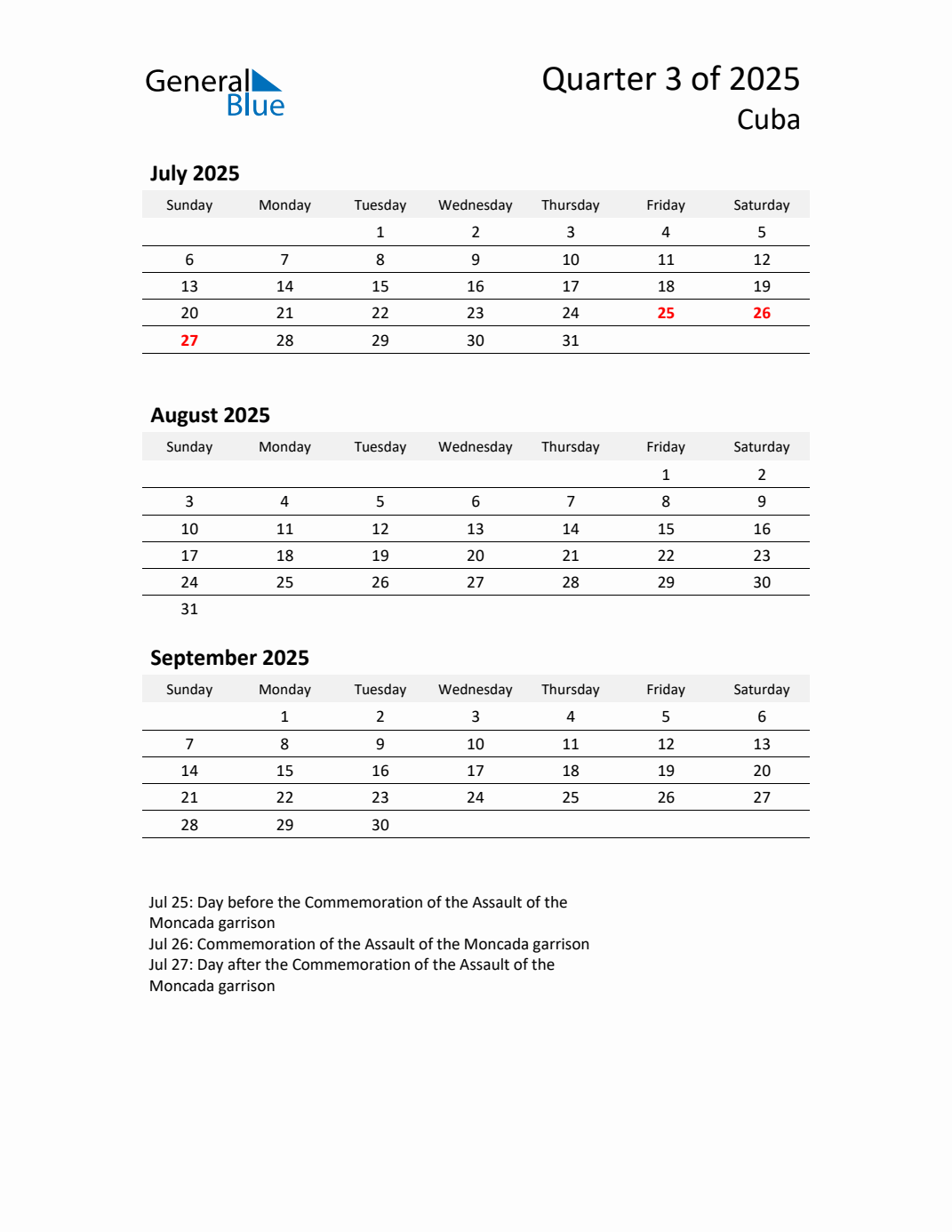 Q3 2025 Quarterly Calendar with Cuba Holidays (PDF, Excel, Word)