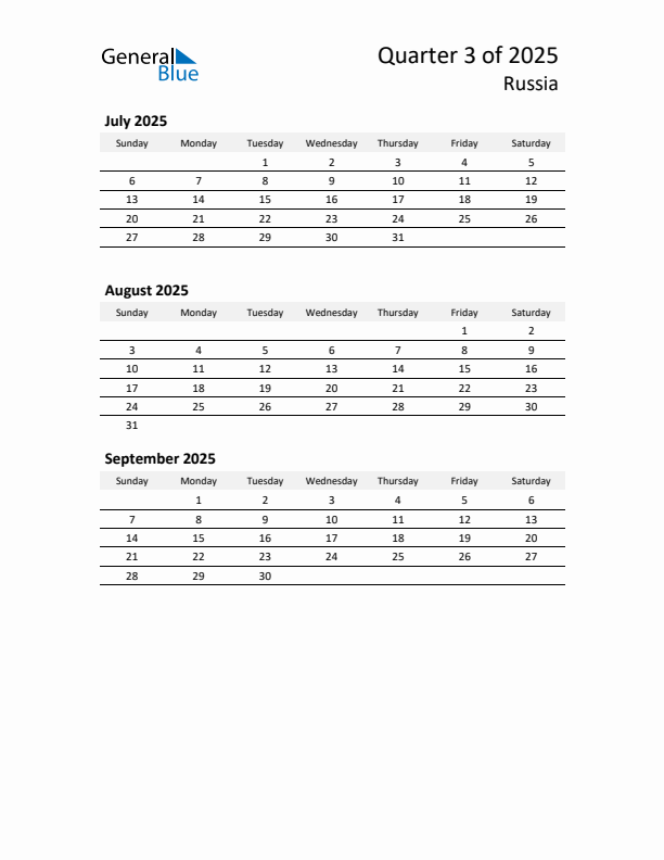 Q3 2025 Quarterly Calendar with Russia Holidays (PDF, Excel, Word)