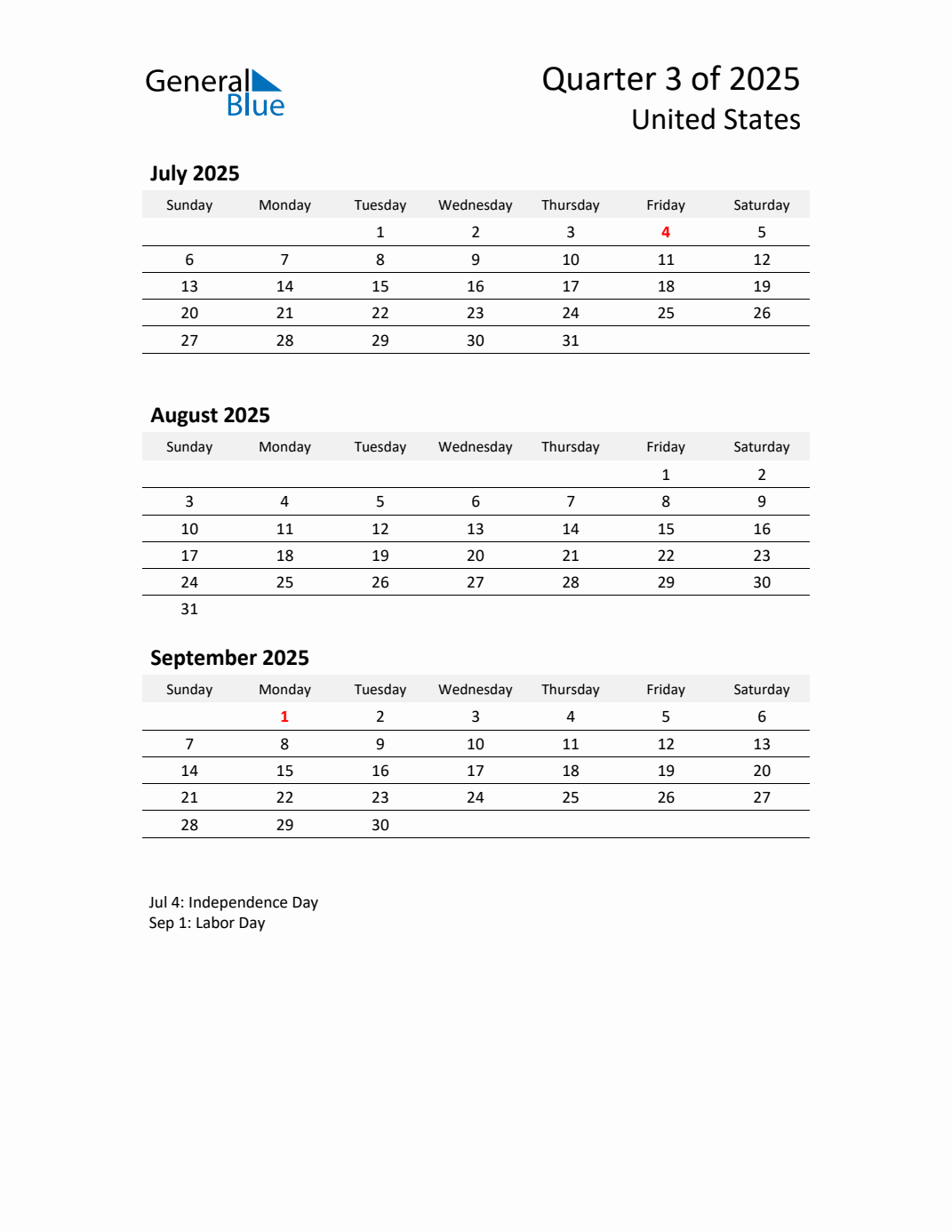 Q3 2025 Quarterly Calendar with United States Holidays (PDF, Excel, Word)