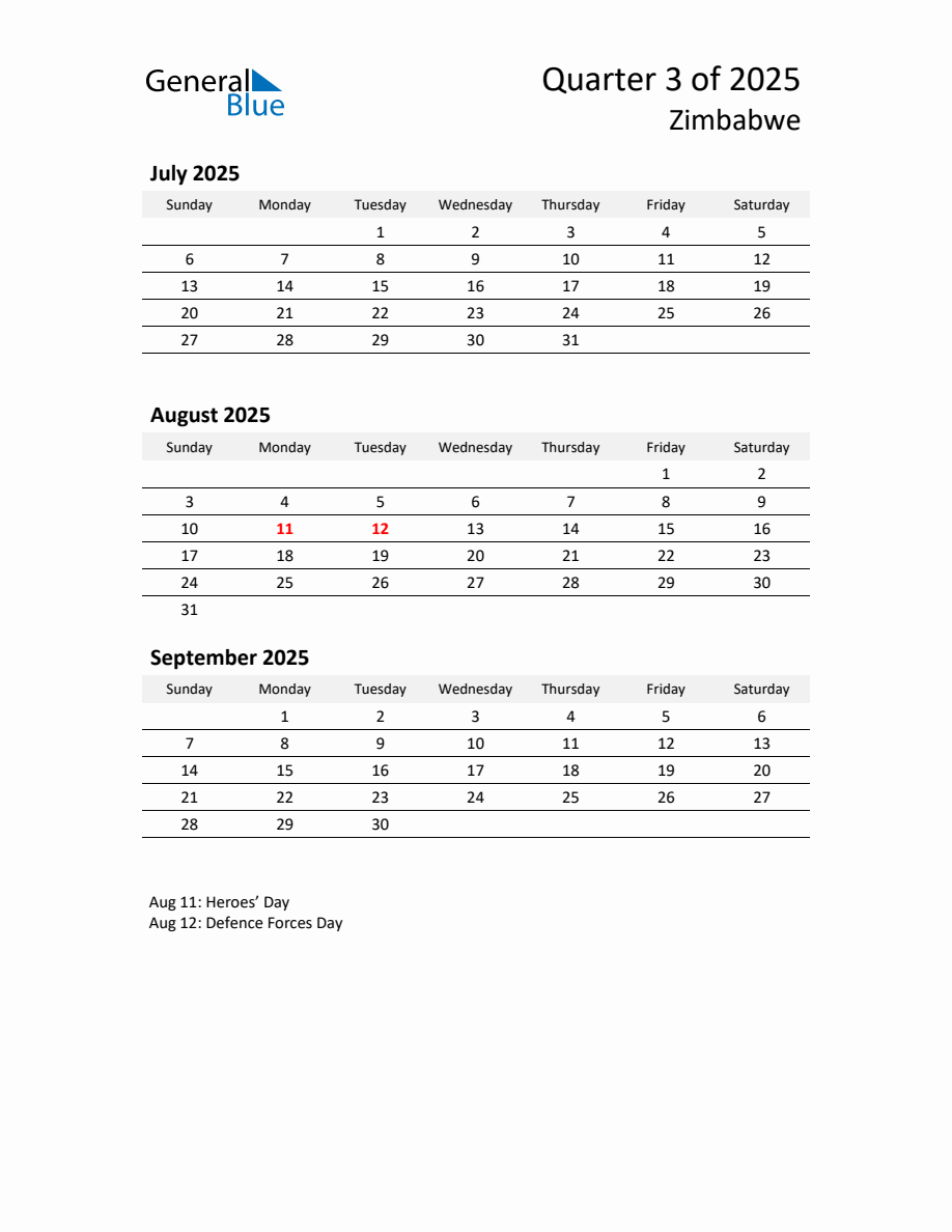 2025 ThreeMonth Calendar for Zimbabwe