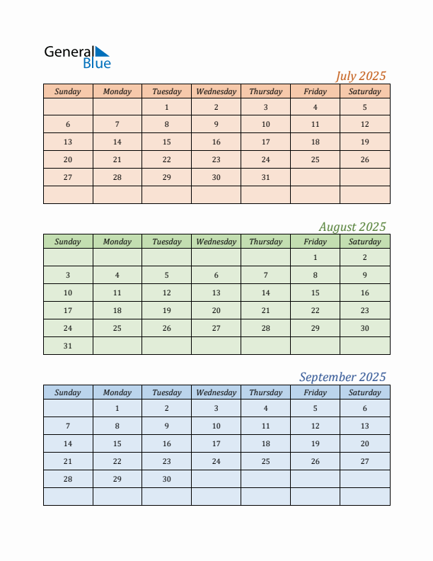 Three-Month Calendar for Year 2025 (July, August, and September)
