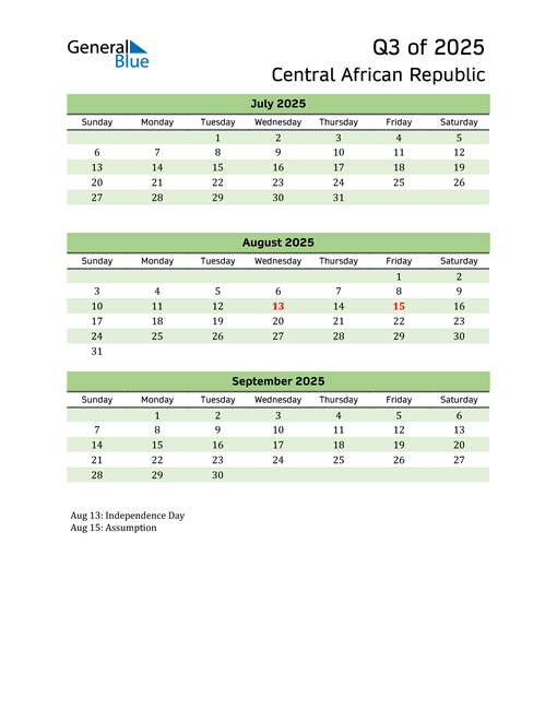  Quarterly Calendar 2025 with Central African Republic Holidays 