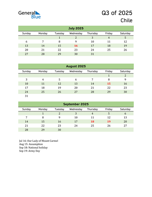  Quarterly Calendar 2025 with Chile Holidays 