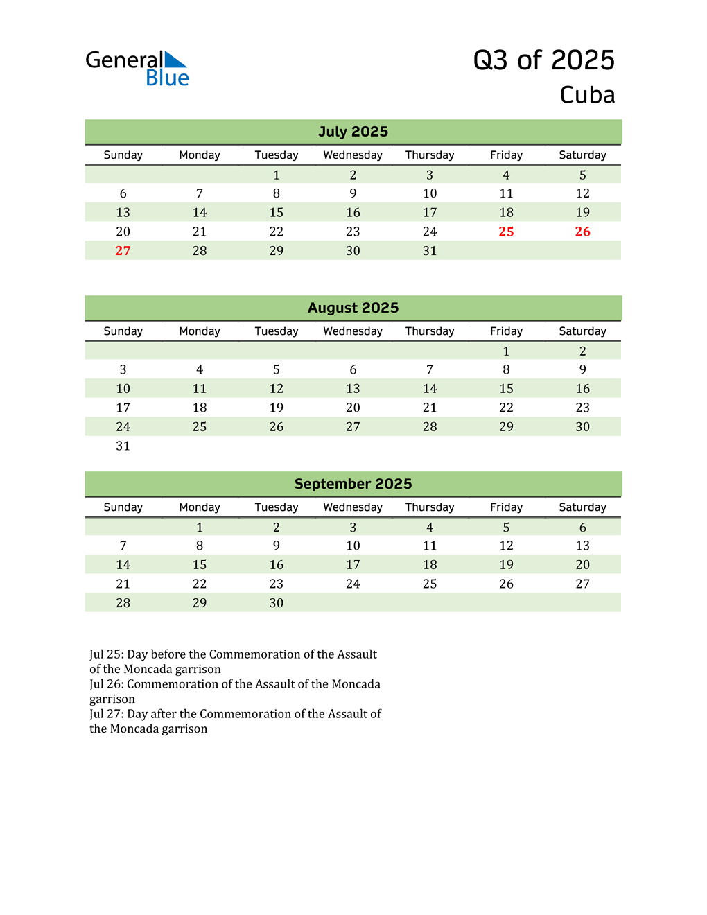  Quarterly Calendar 2025 with Cuba Holidays 