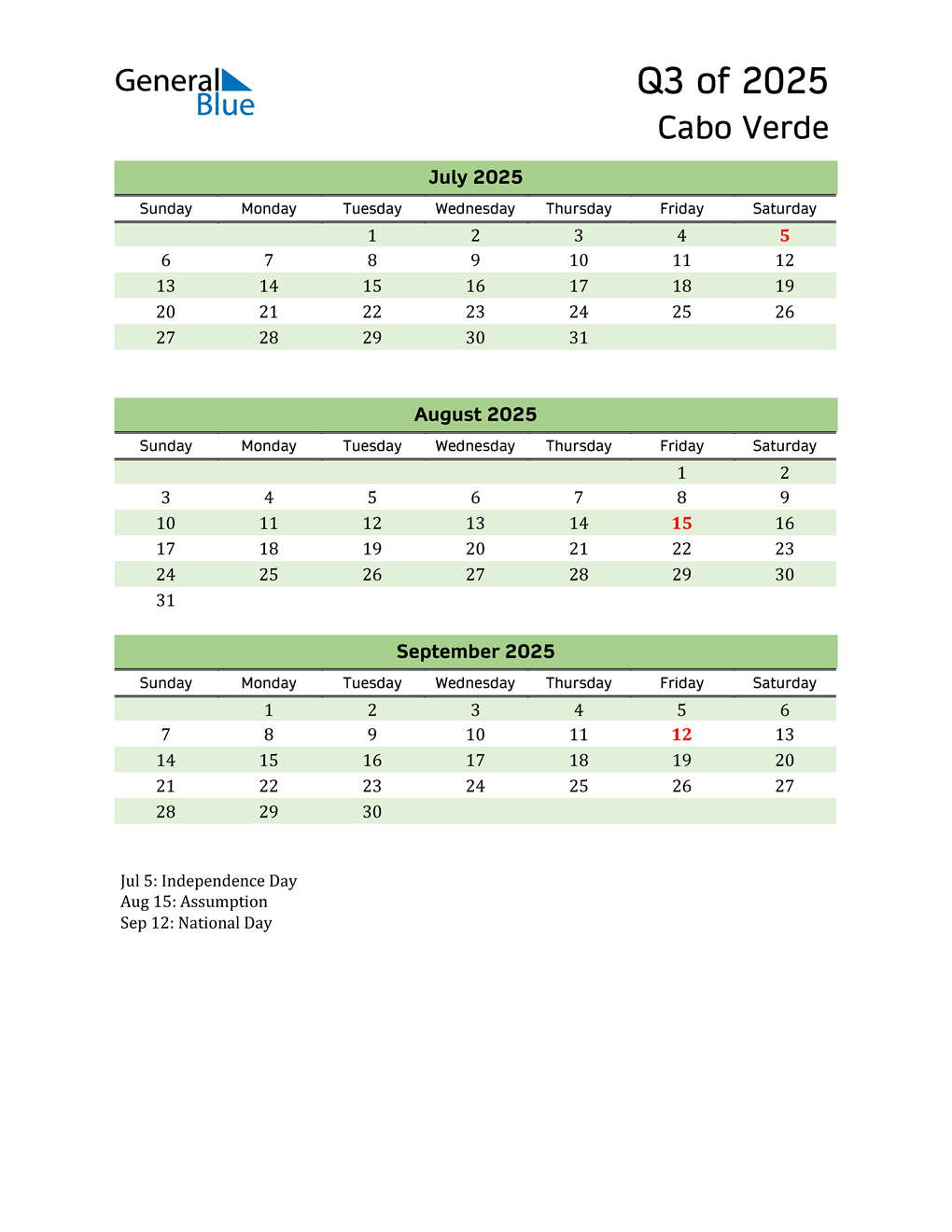  Quarterly Calendar 2025 with Cabo Verde Holidays 