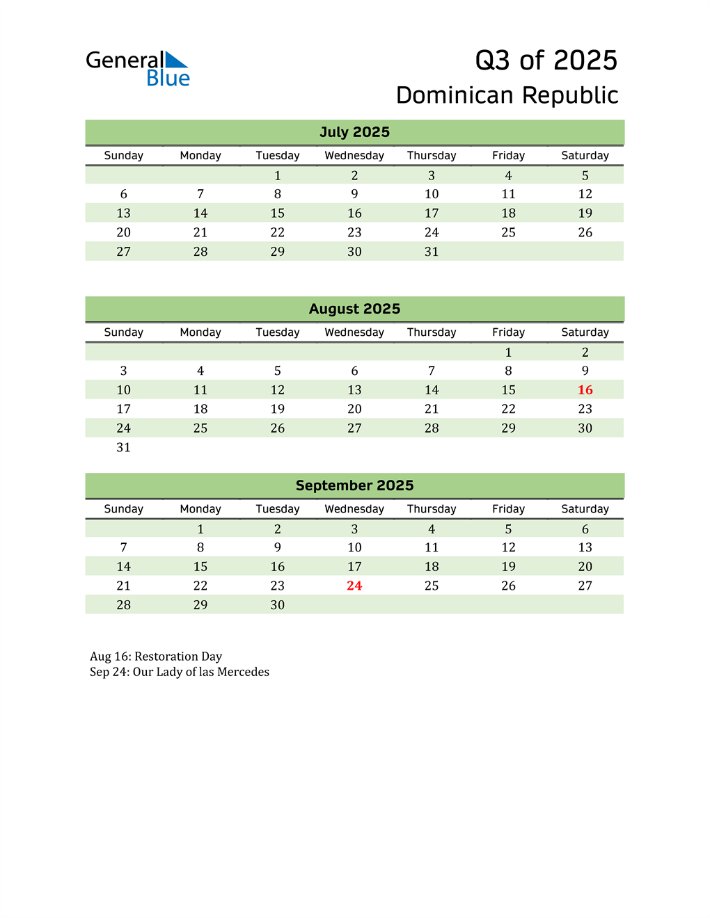  Quarterly Calendar 2025 with Dominican Republic Holidays 