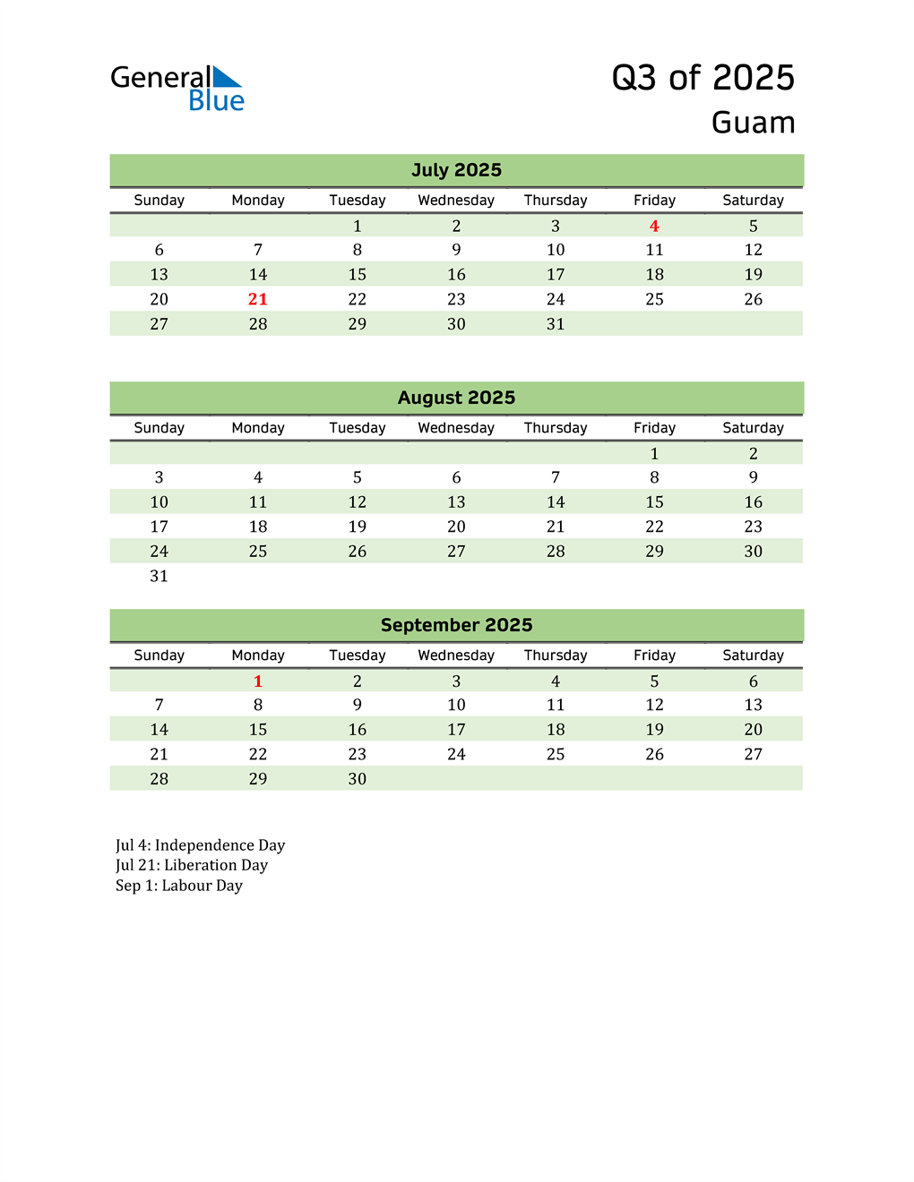  Quarterly Calendar 2025 with Guam Holidays 