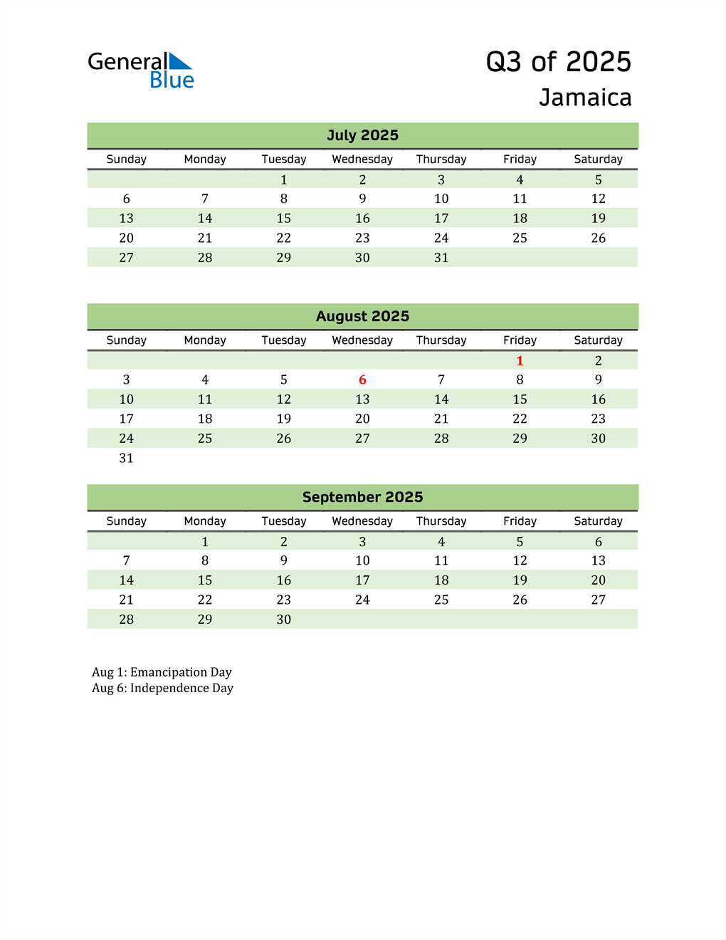  Quarterly Calendar 2025 with Jamaica Holidays 