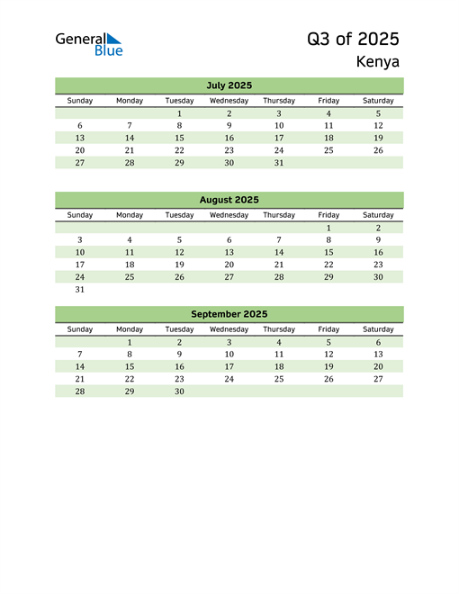  Quarterly Calendar 2025 with Kenya Holidays 