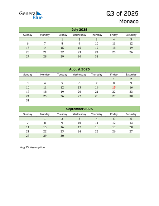  Quarterly Calendar 2025 with Monaco Holidays 