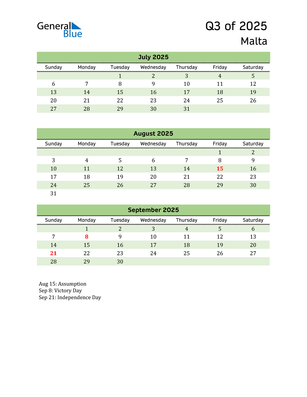  Quarterly Calendar 2025 with Malta Holidays 