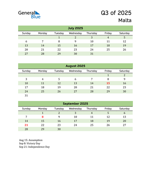  Quarterly Calendar 2025 with Malta Holidays 