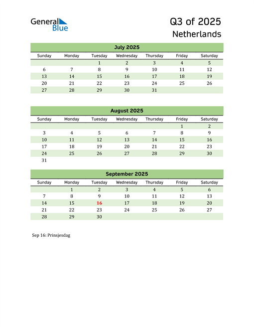  Quarterly Calendar 2025 with Netherlands Holidays 