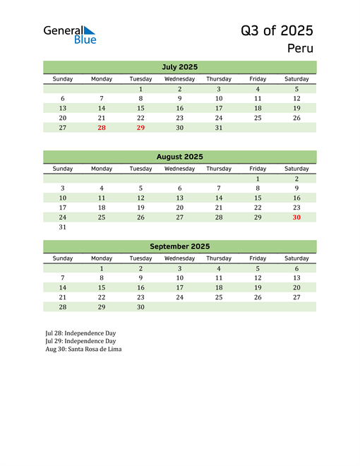  Quarterly Calendar 2025 with Peru Holidays 