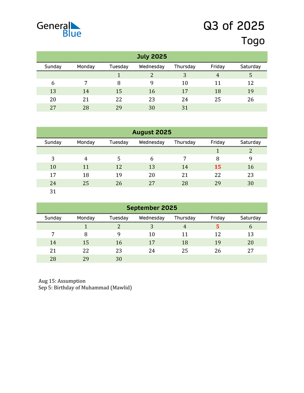  Quarterly Calendar 2025 with Togo Holidays 