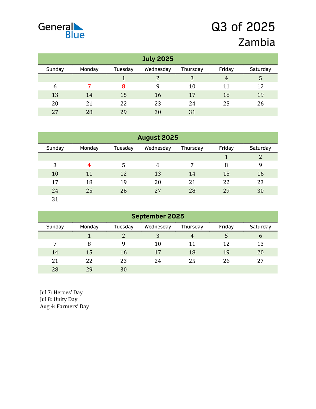  Quarterly Calendar 2025 with Zambia Holidays 