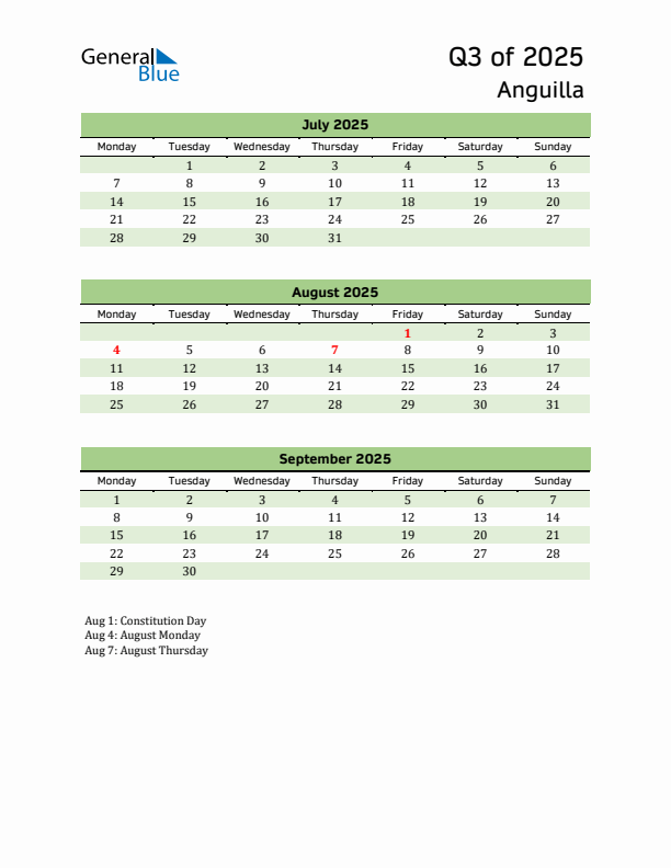 Quarterly Calendar 2025 with Anguilla Holidays