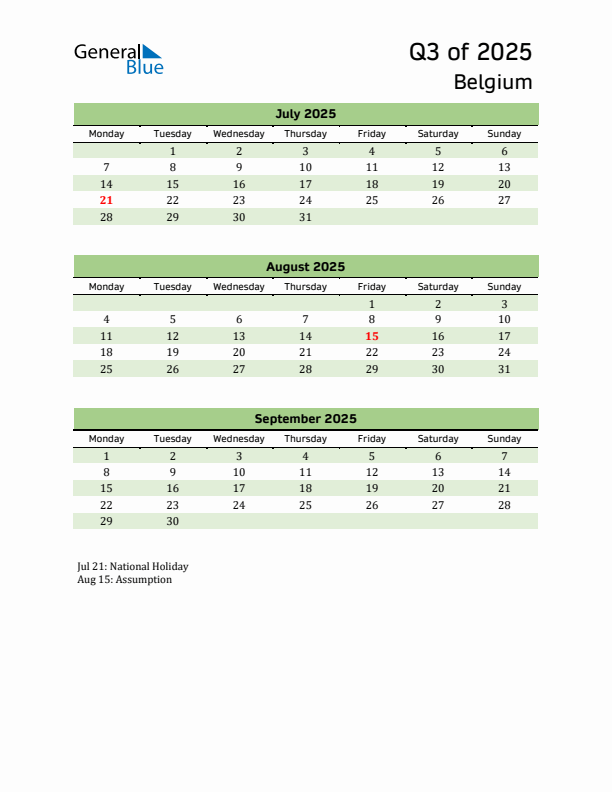 Quarterly Calendar 2025 with Belgium Holidays