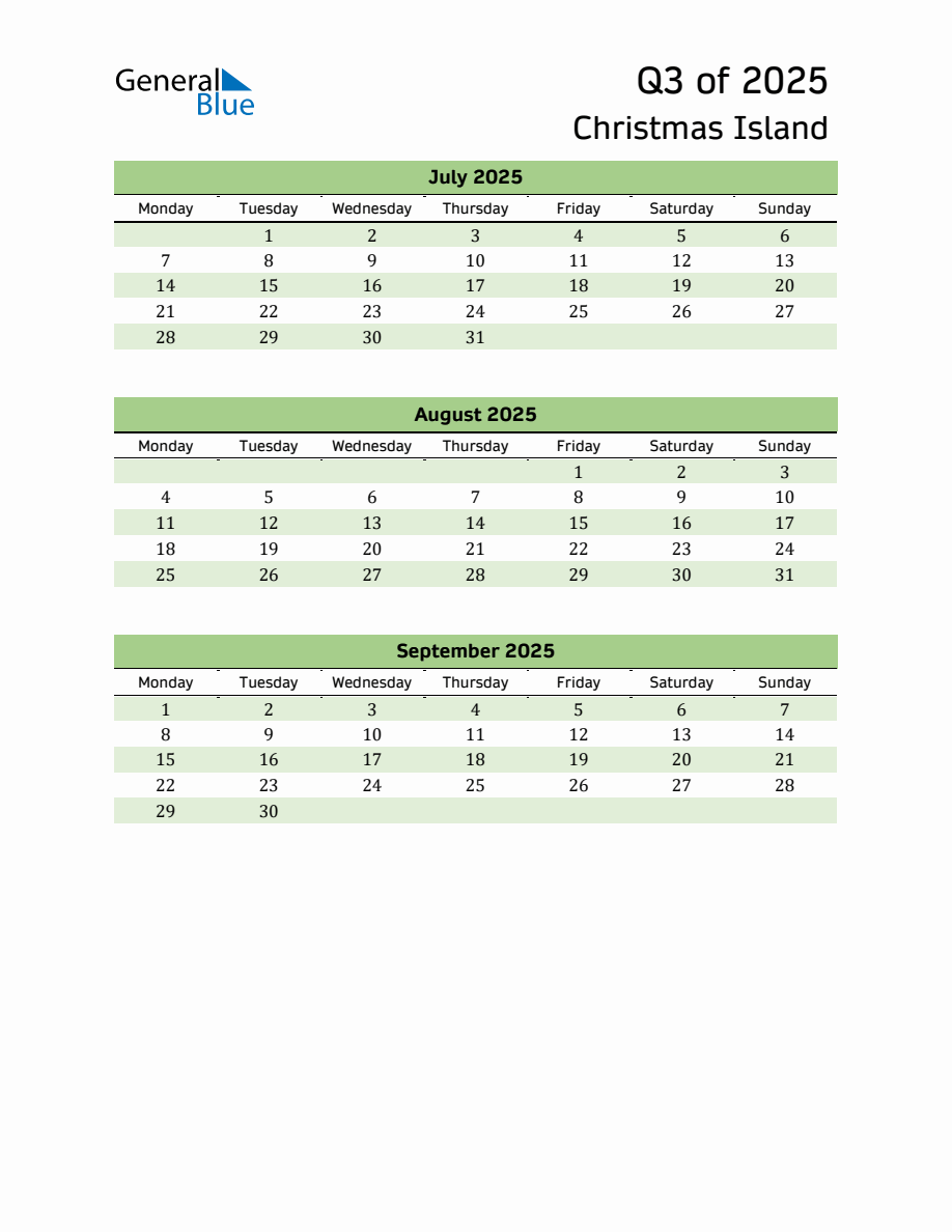 Quarterly Calendar 2025 with Christmas Island Holidays