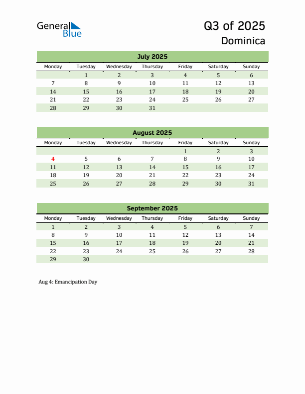 Quarterly Calendar 2025 with Dominica Holidays
