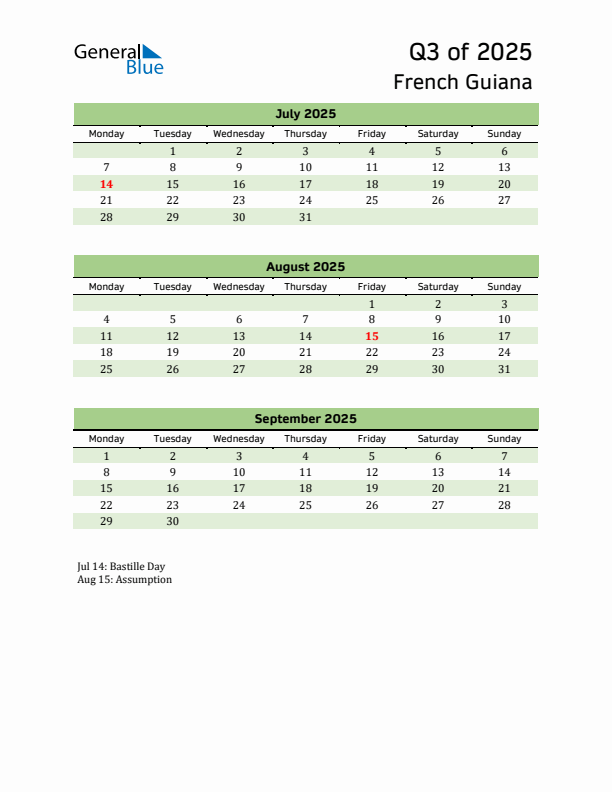 Quarterly Calendar 2025 with French Guiana Holidays