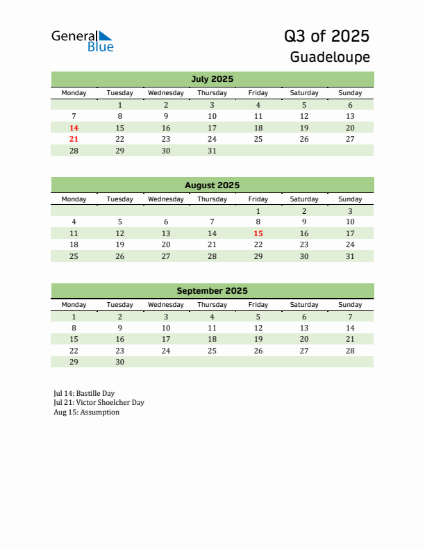 Quarterly Calendar 2025 with Guadeloupe Holidays