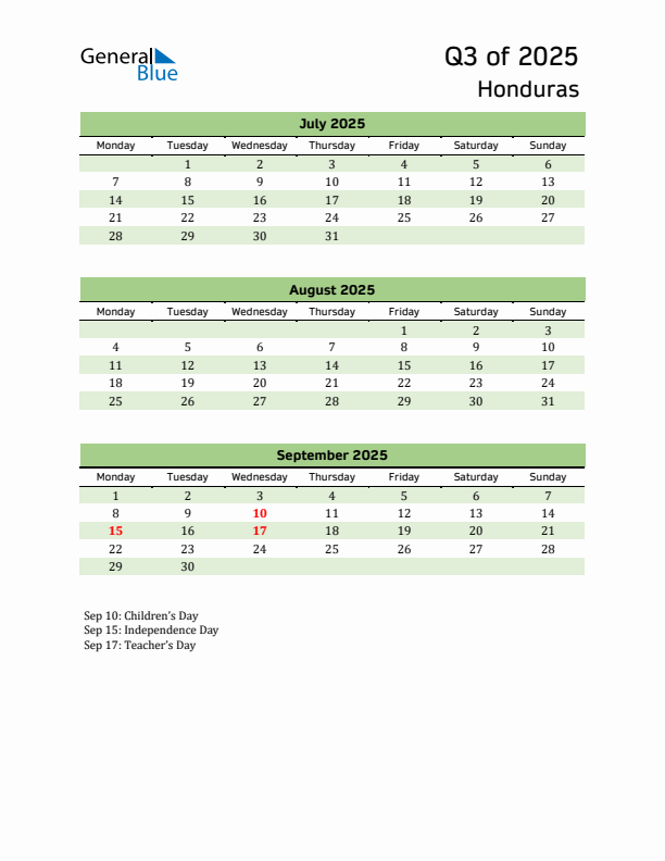 Quarterly Calendar 2025 with Honduras Holidays