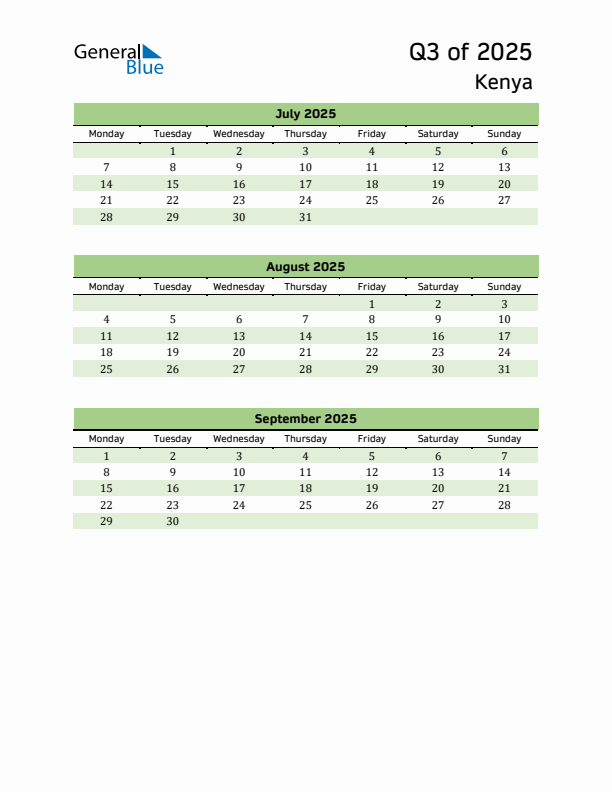 Quarterly Calendar 2025 with Kenya Holidays