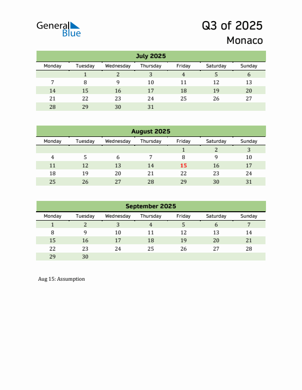 Quarterly Calendar 2025 with Monaco Holidays