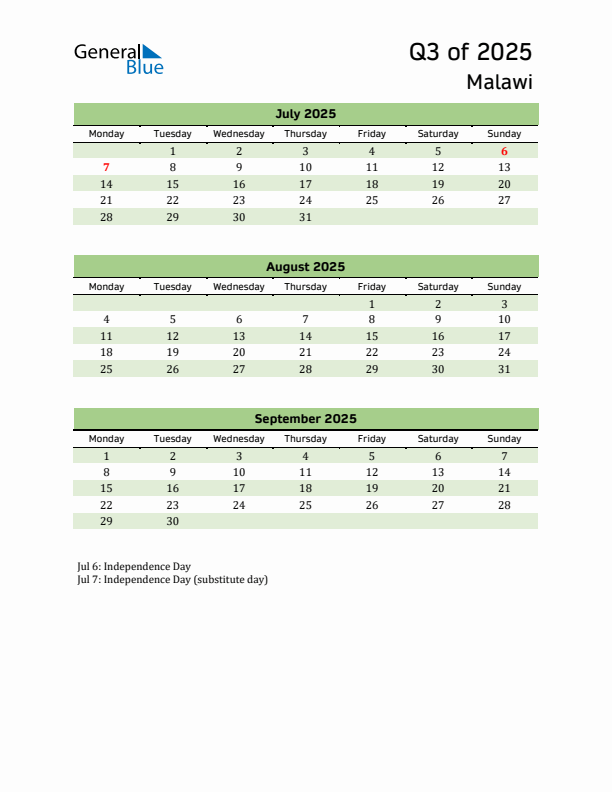 Quarterly Calendar 2025 with Malawi Holidays