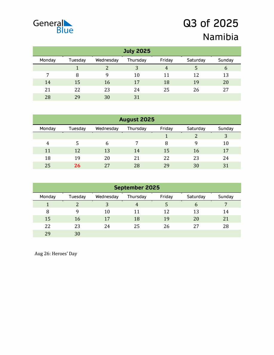 Quarterly Calendar 2025 with Namibia Holidays