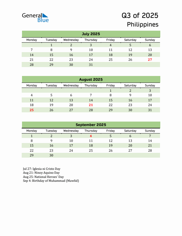 Quarterly Calendar 2025 with Philippines Holidays