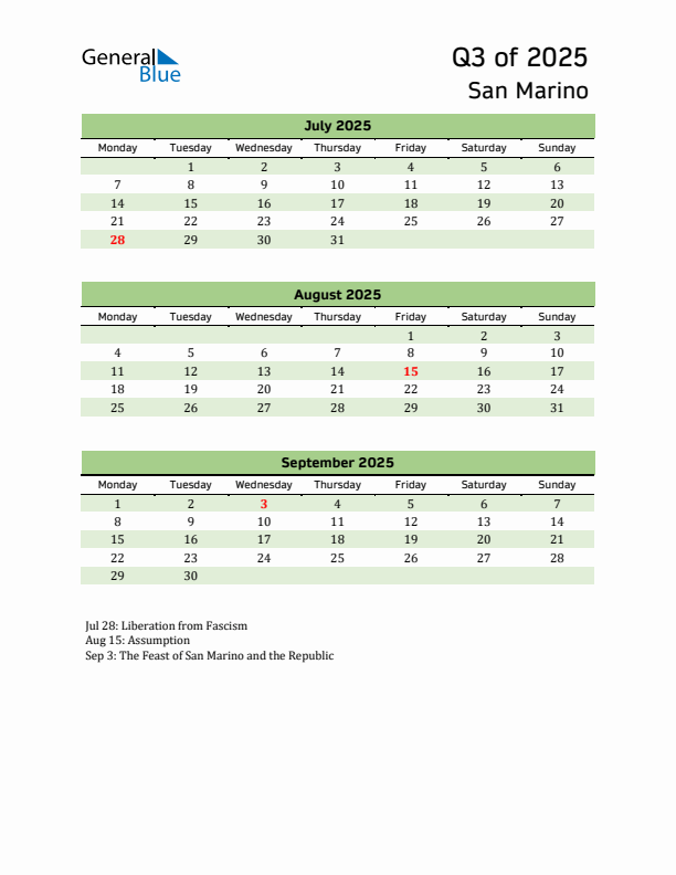 Quarterly Calendar 2025 with San Marino Holidays