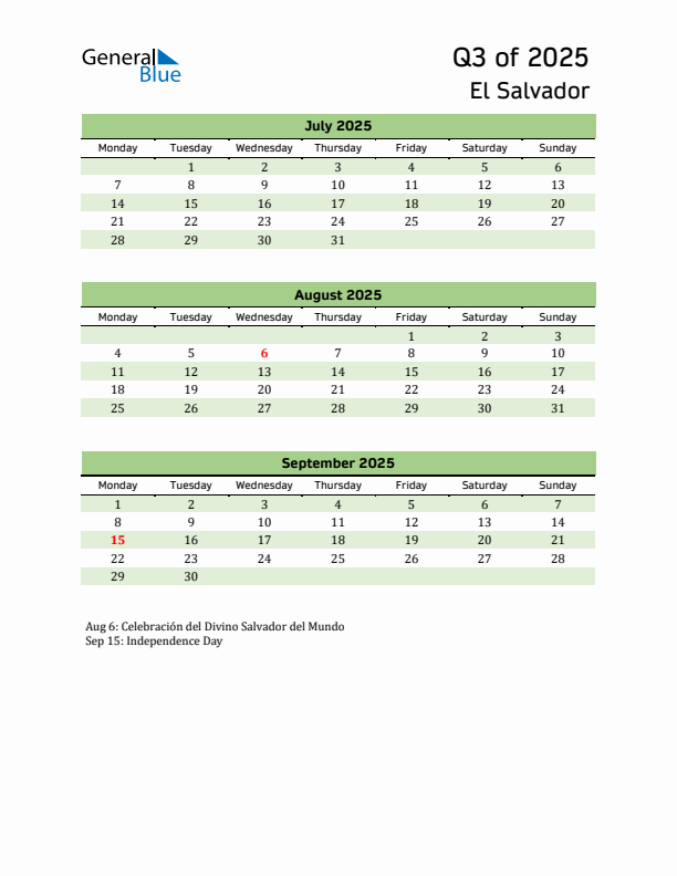 Quarterly Calendar 2025 with El Salvador Holidays