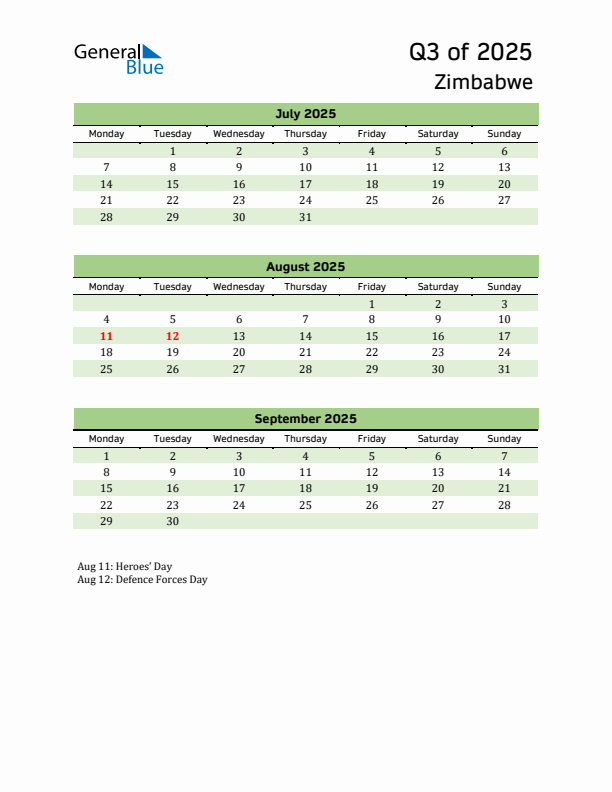 Quarterly Calendar 2025 with Zimbabwe Holidays