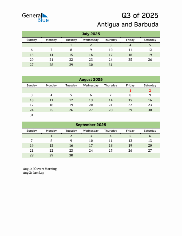 Quarterly Calendar 2025 with Antigua and Barbuda Holidays