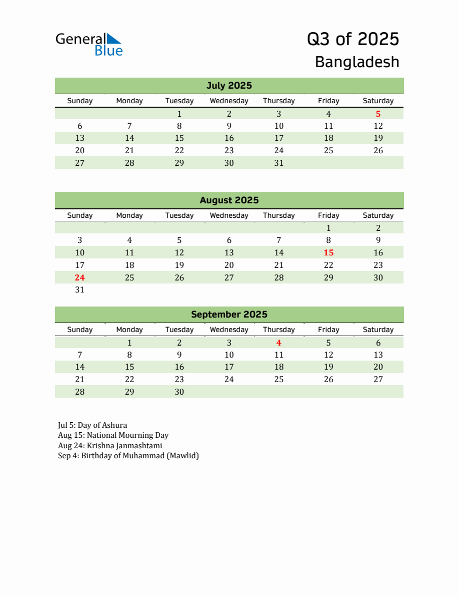 Quarterly Calendar 2025 with Bangladesh Holidays