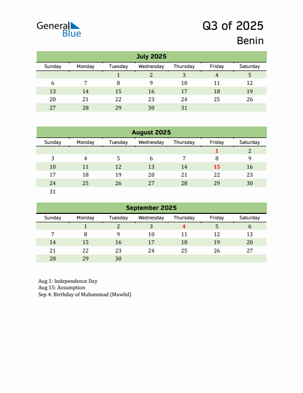 Quarterly Calendar 2025 with Benin Holidays