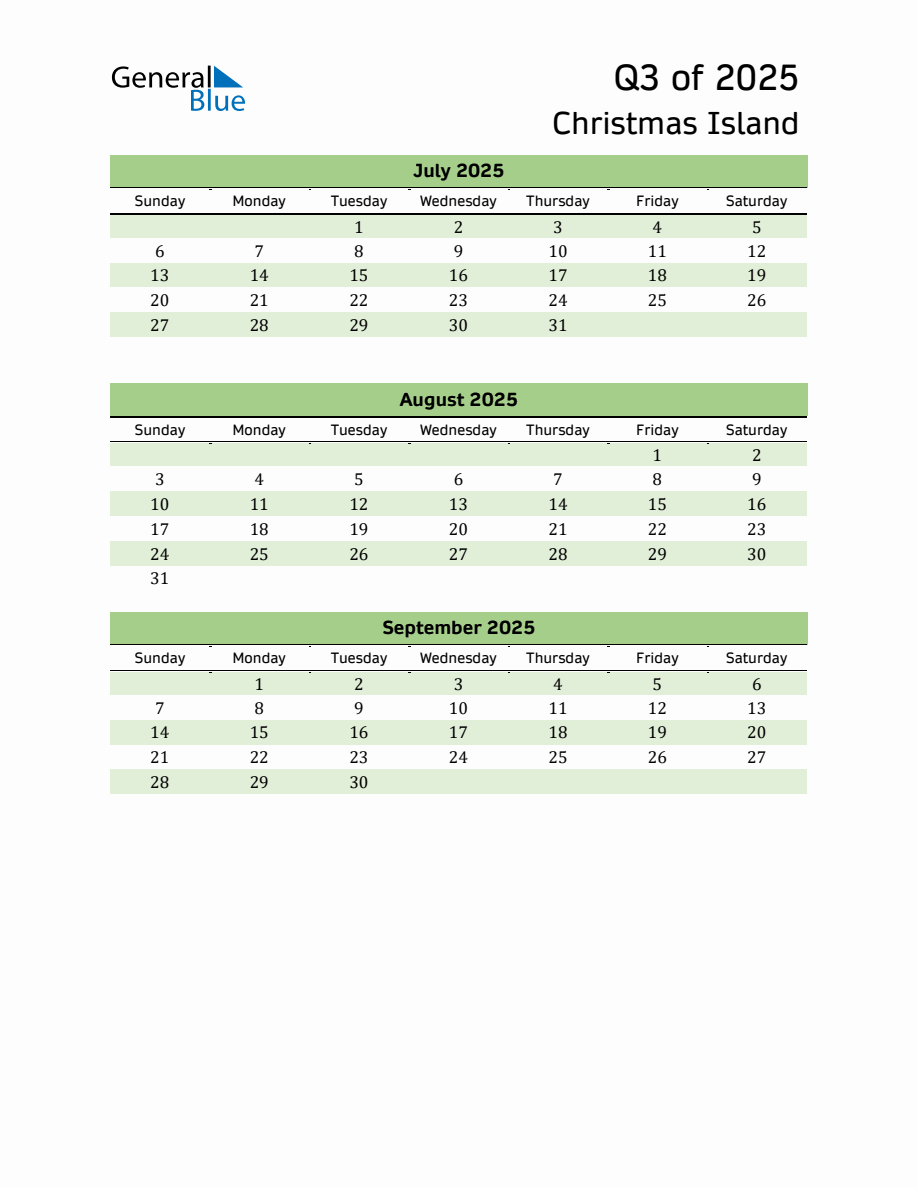 Quarterly Calendar 2025 with Christmas Island Holidays