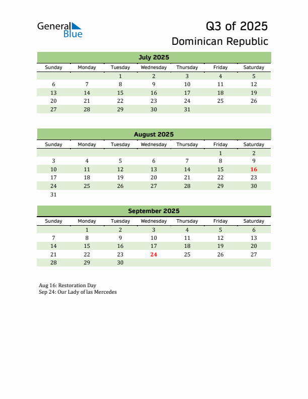 Quarterly Calendar 2025 with Dominican Republic Holidays
