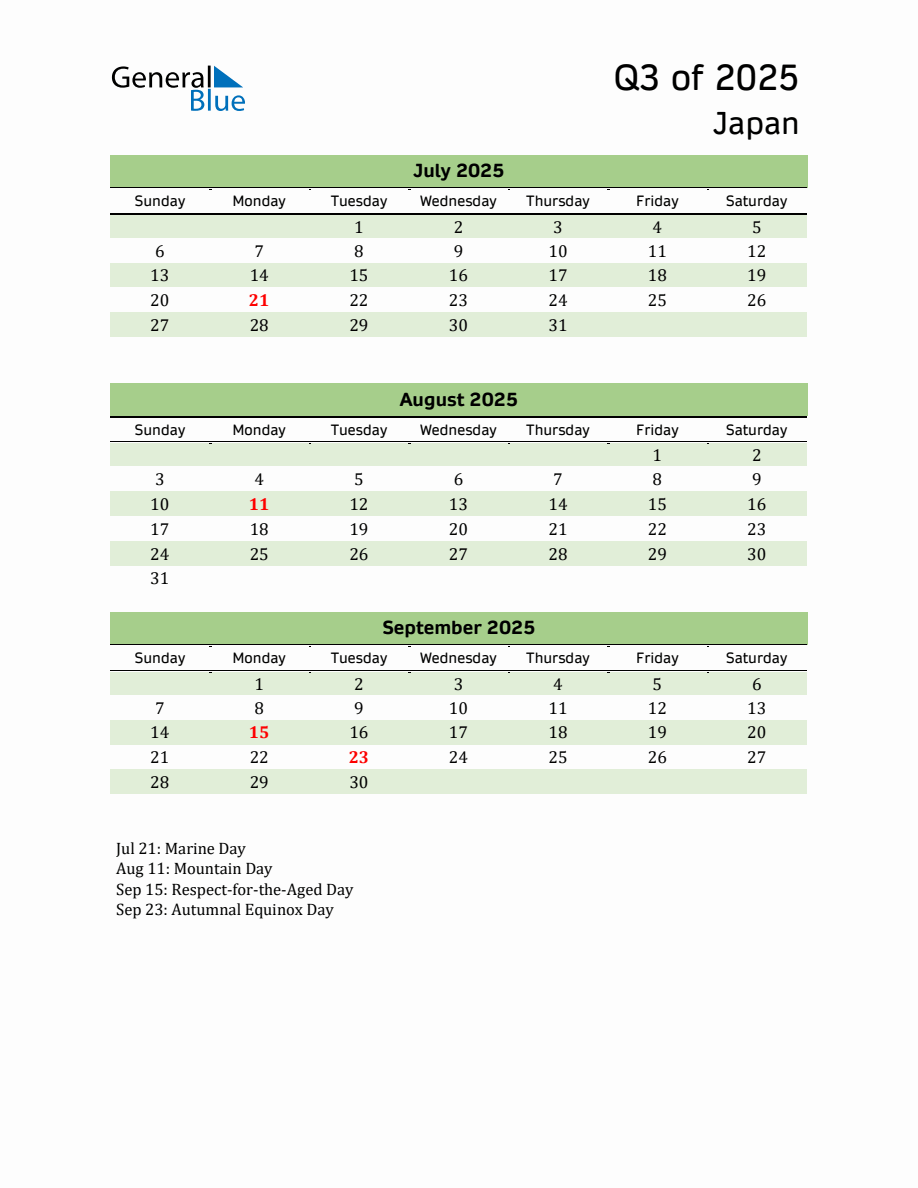 Quarterly Calendar 2025 with Japan Holidays