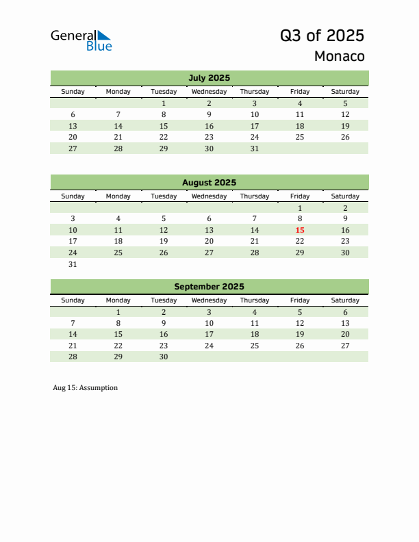 Quarterly Calendar 2025 with Monaco Holidays