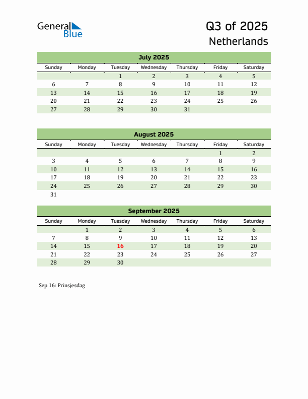 Quarterly Calendar 2025 with The Netherlands Holidays