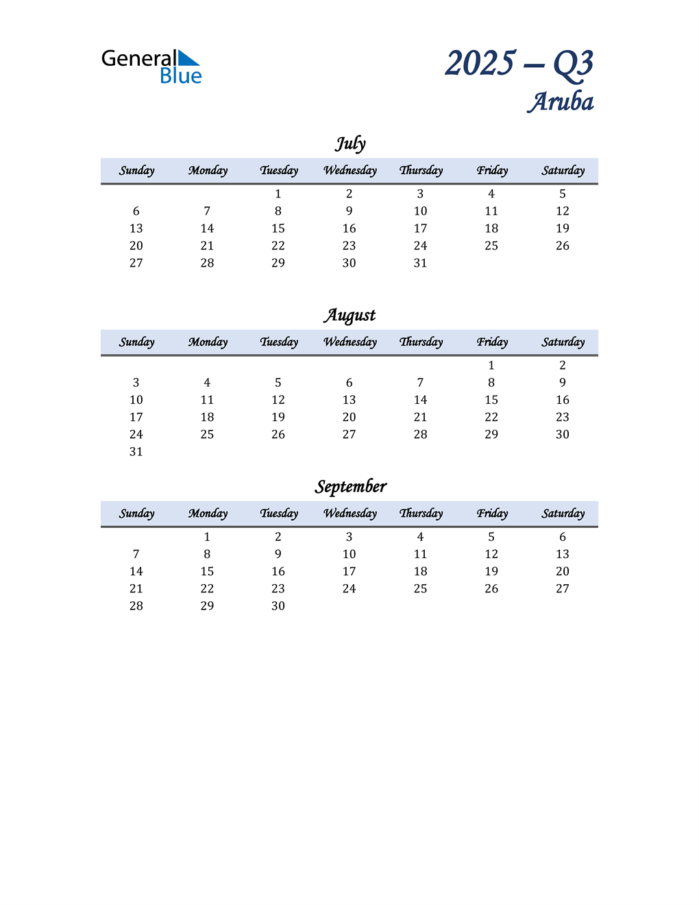  July, August, and September Calendar for Aruba