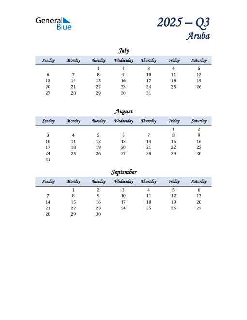  July, August, and September Calendar for Aruba