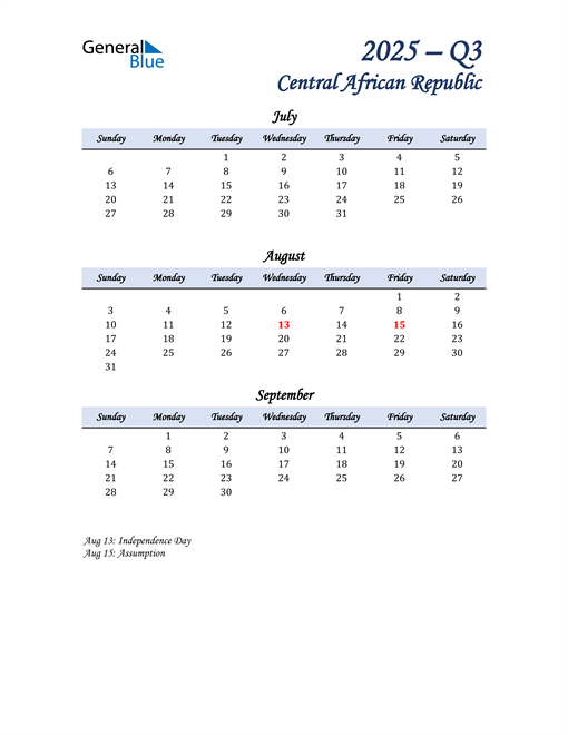  July, August, and September Calendar for Central African Republic