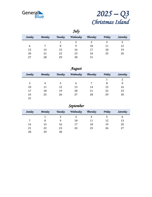  July, August, and September Calendar for Christmas Island